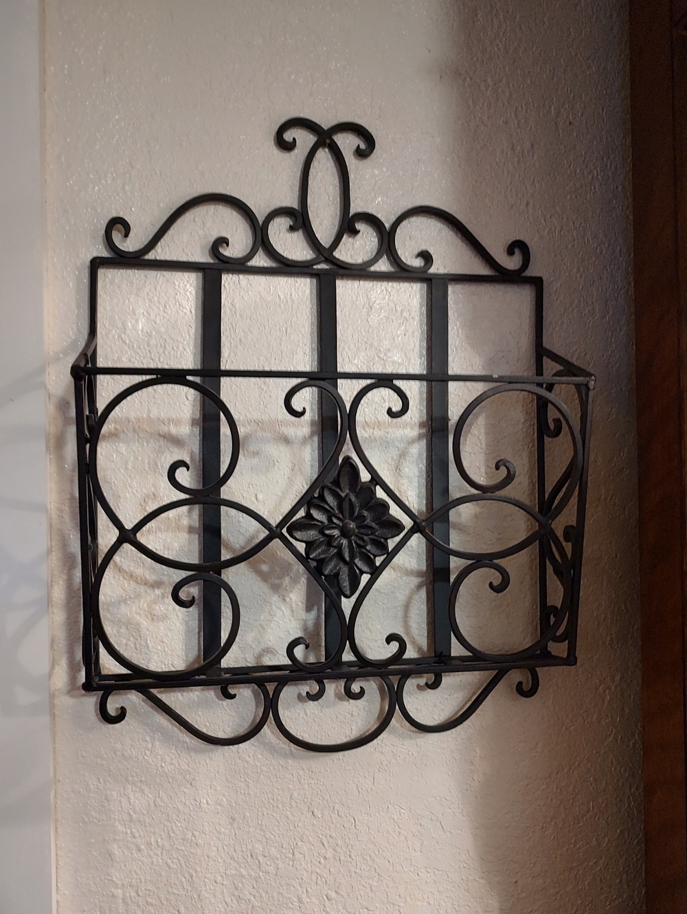 Black Decorative Metal Wall Basket - Elegant Scrollwork
